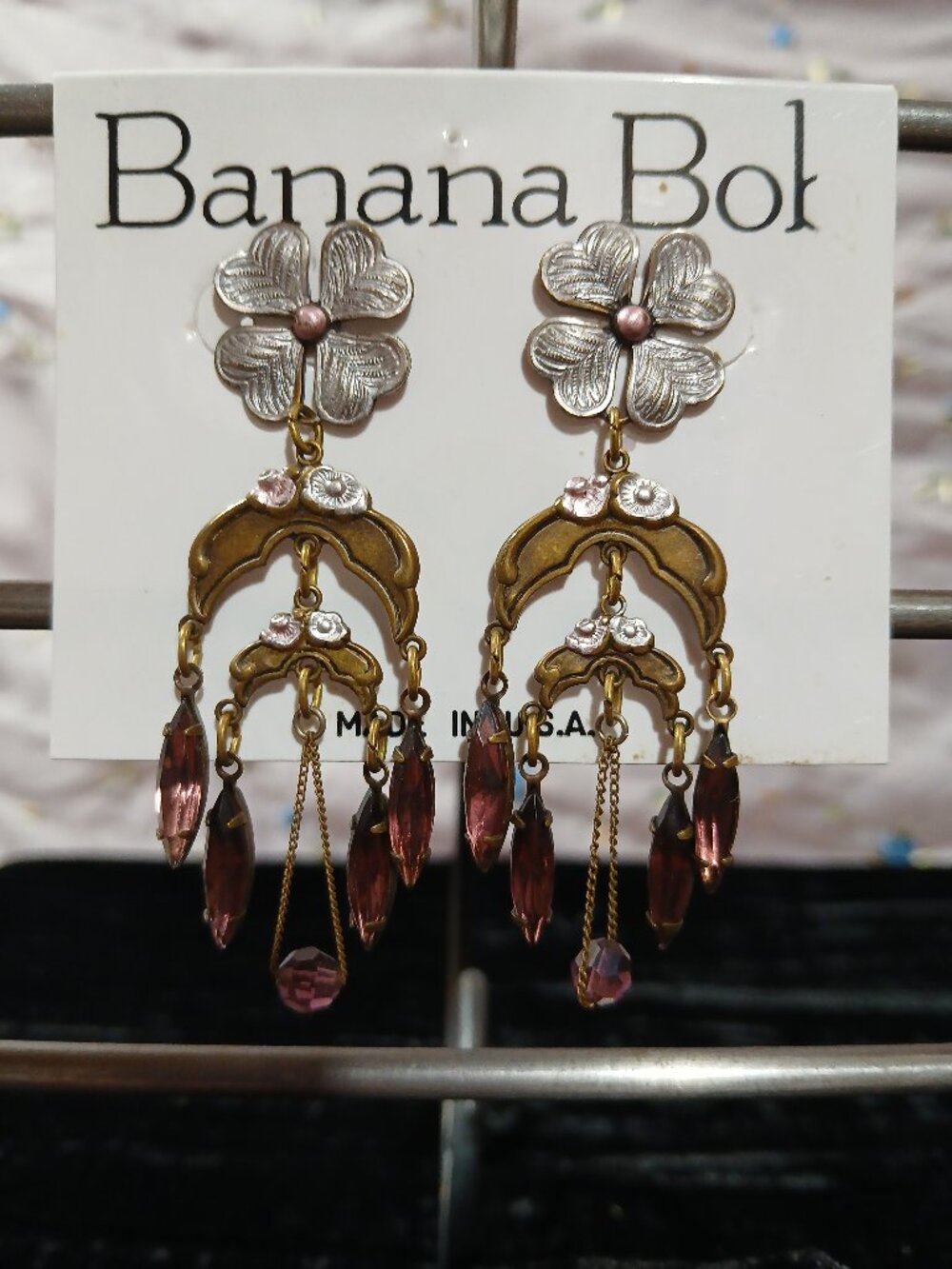 Banana Bob Brass Flower with purple crystal dangles post earrings